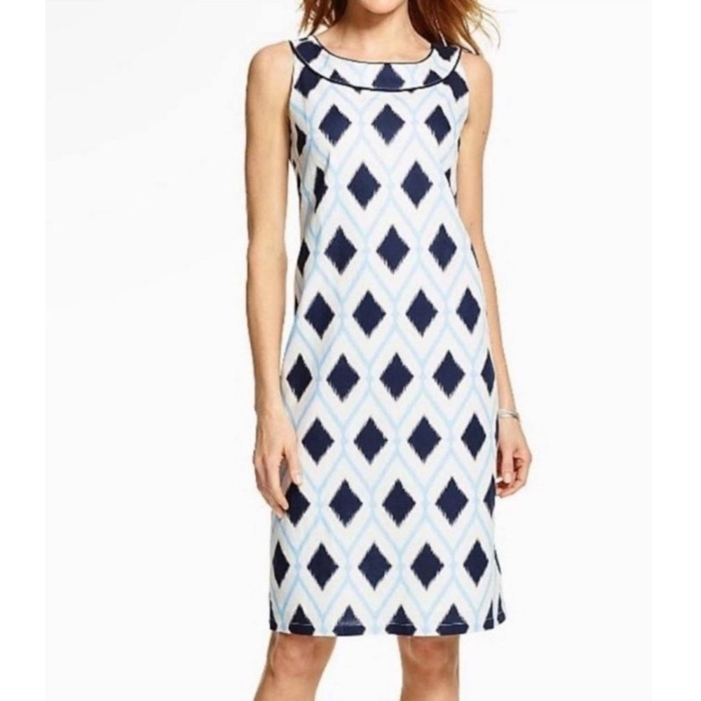 Talbots Blue‎ & White Diamond Print Linen Cotton Sleeveless Shift Dress 10